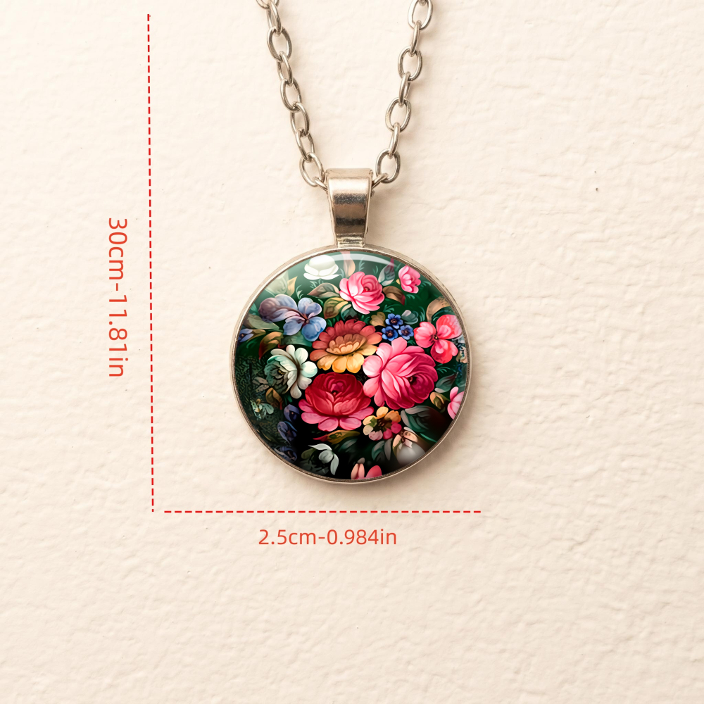 Colorful Floral Pattern Pendant, Unisex Round Glass Necklace